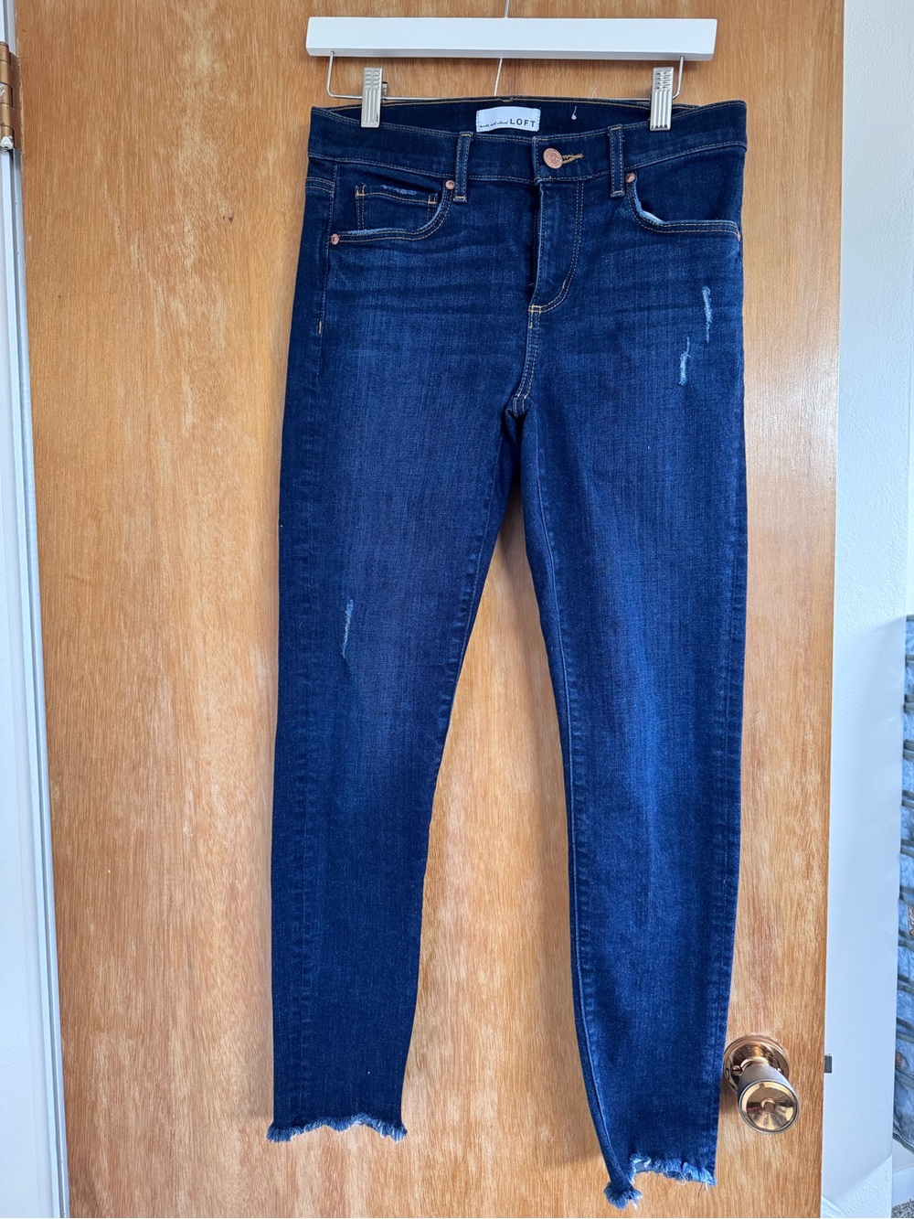 LOFT Dark Indigo Skinny Jeans with Raw Hem